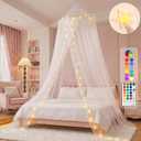 Obrecis Bed Canopy with LED Star Lights, Princess Canopy Bed Curtain with 18 Colors Changing String Lights Remote Timer for Girls Bedroom, Pink Red Blue White Dome Canopy for Twin to King Size Bed