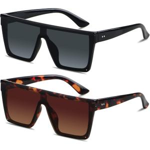 LYZOIT Square Oversized Sunglasses for Women Men Big Flat Top Fashion Shield Large UV Protection Rimless Shades ((2pack) Glossy Black + Tortoise)