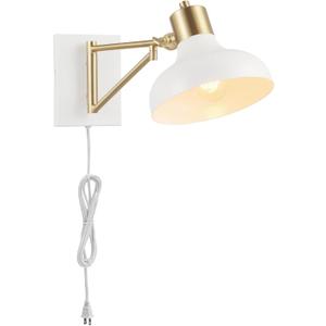 GLOBE Electric 51344 1-Light Plug-in or Hardwire Swing Arm Wall Sconce, White, Brass Accents, White-Cloth Cord, Mounted Bedside Lamp, Kitchen Sconces Wall-Lighting, Bulb Not Included