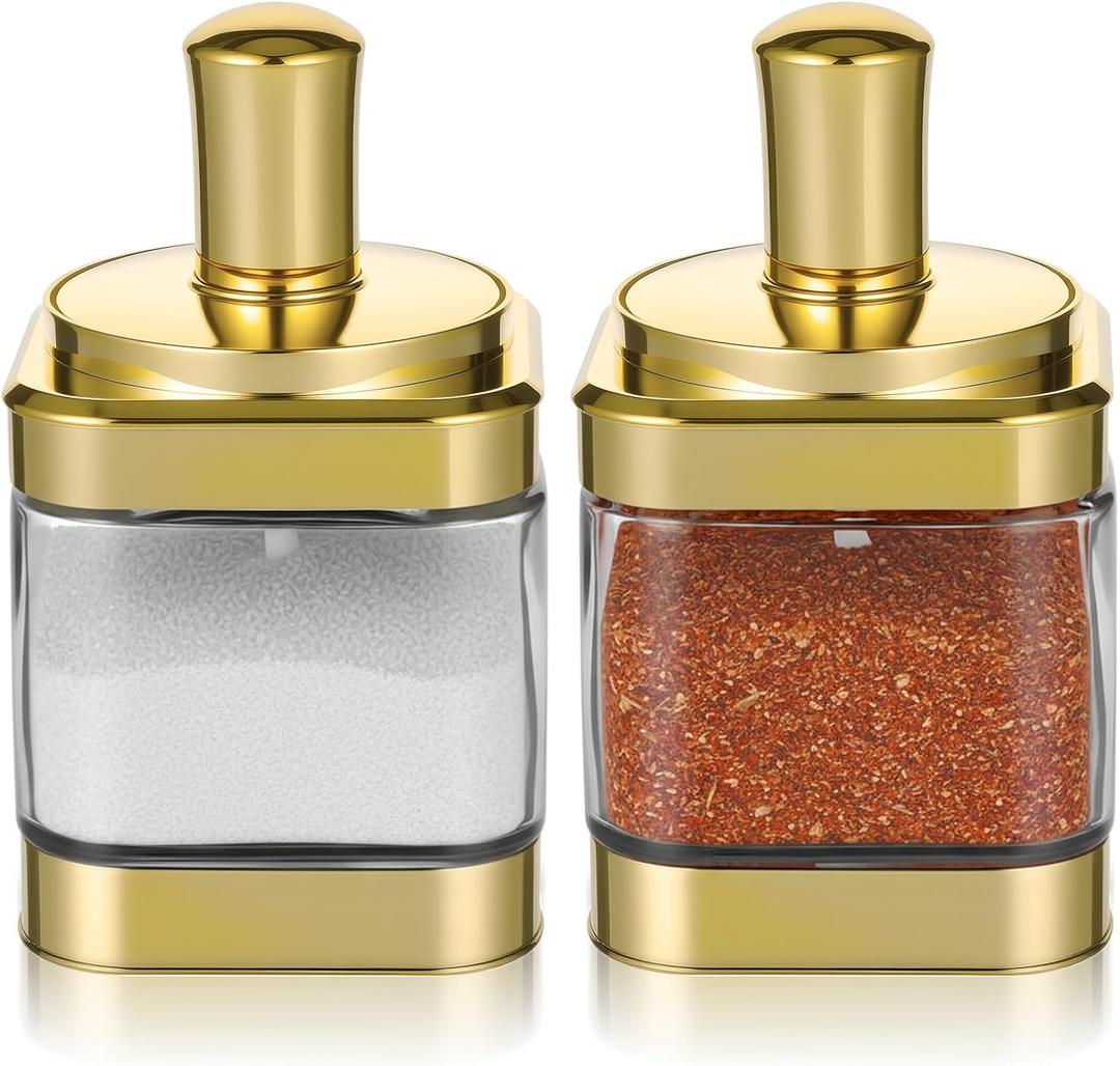 2 PCS Glass Condiment Containers Gold Spice Jars with Lids and Spoons Seasoning Pot Set Salt Box Sugar Dispenser for Kitchen Dining Room Counter Flour Sugar