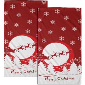Giwawa Merry Christmas Hand Towel 28.3x14.4in Set of 2 Red Cute Santa Elk Snowflake Christmas Style Ornament Gift Soft Super Absorbent Hand Towels Multipurpose Bathroom, Hotel, Gym and Spa (Moon Deer)