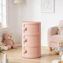 3 Tier Round Nightstand with Drawers, Plastic Pink Nightstand Modern Round Bedside Table with Handles and Sliding Door for Bedroom, Living Room, 12.59 x 12.59 x 22.44 inches