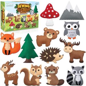 Kids Woodland Animal Felt Sewing Kit, Educational Kids/Girls Crafts, Stuffed Animal Craft Set with 12 Characters, Child-Friendly Needles, Threads, Stuffing & Scissors, Beginner Sewing Kit Ages 4-12