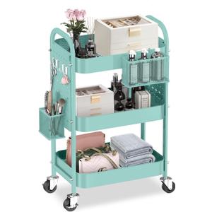 ALVOROG 3 Tier Rolling Cart with DIY Pegboards Metal Utility Cart with Wheels Handles Baskets Hooks, Craft Cart for Office Kitchen Bathroom, (Tiffany Blue)