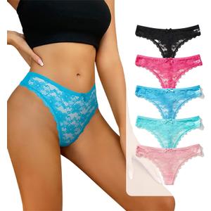 Lace Thongs for Women, 5 Pack Sexy Bikini briefs, Low Cut, Soft & Seamless Underwear for Daily Wear/Dating