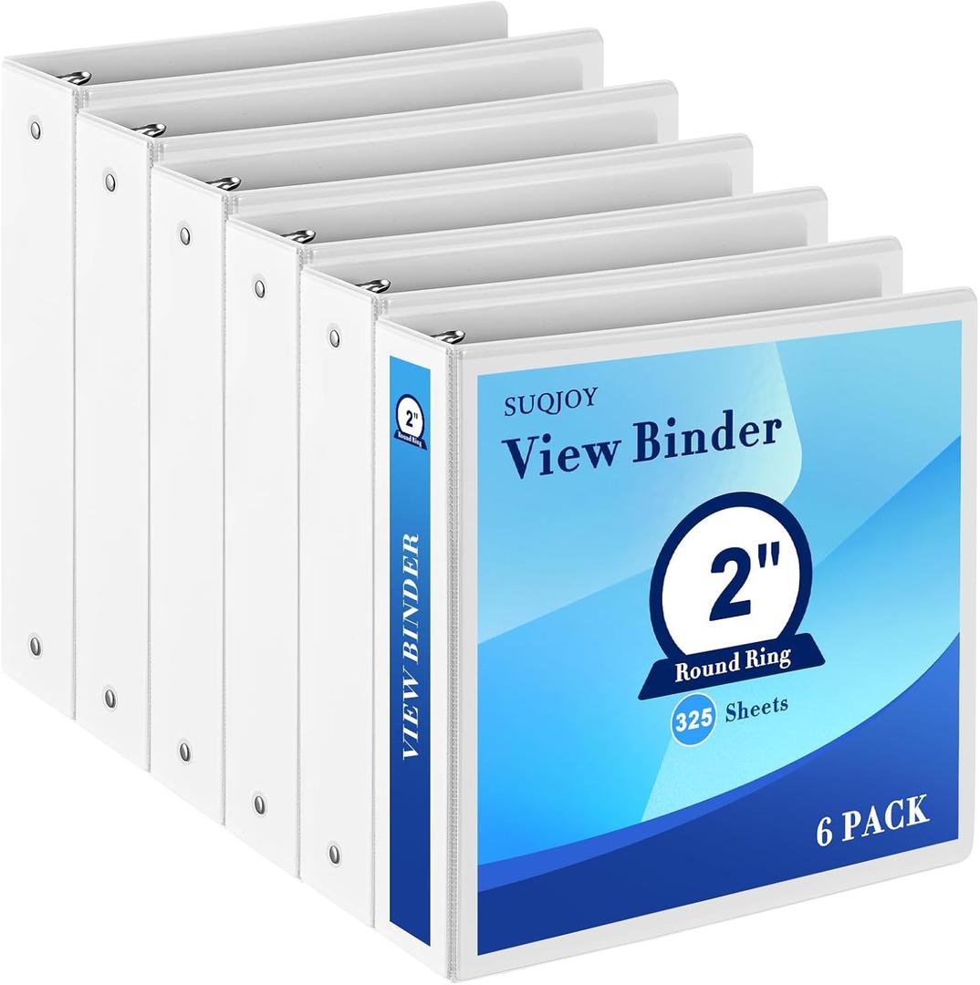 2 Inch 3-Ring Binder, 2" Round Ring Binder with 2 Inside Pockets, 6 Pack White Binders, Clear View Cover, Holds Up to 450 Sheets 8.5" x 11" PaperDurable Binders for Office/Home/Back to School