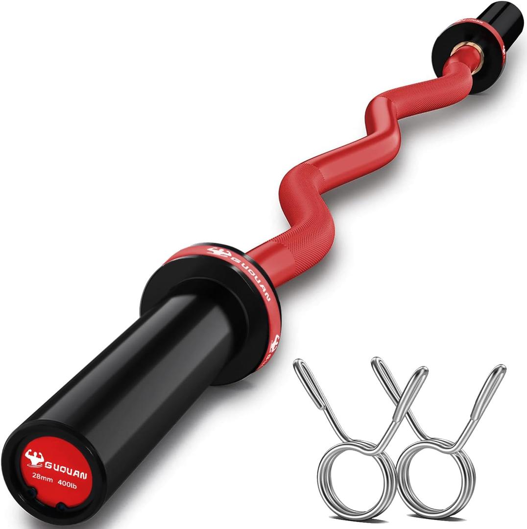 GUQUAN Olympic EZ Curl Barbell Bar, 400LBS Weight Capacity Olympic Curl Bar, 4ft Barbell Weight Bar with Knurled Grip for 2 Inch Weight Plates, Hip Thrusts,Squat,Biceps-Home Gym Weight Bar (Red)