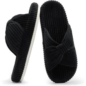 Chantomoo Slippers for Women Memory Foam House Bedroom Corduroy Bow Crossbands Slide Slipper Shoes Comfy Trendy Gift Slippers (7-8, Black)