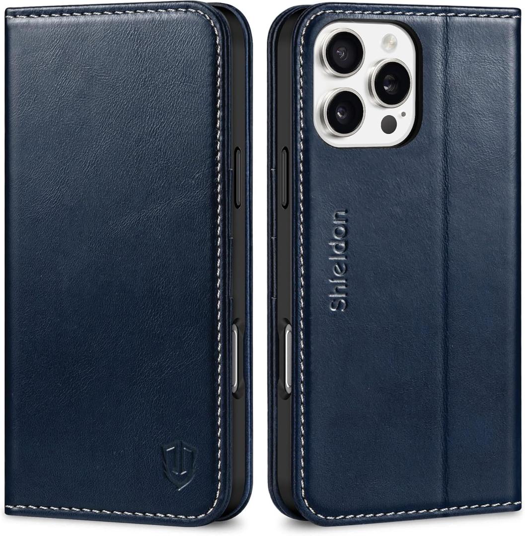 SHIELDON Wallet Case for iPhone 16 Pro Max 6.9", Genuine Leather RFID Blocking Card Holder Folio Magnetic Kickstand Drop Protection Cover Compatible with iPhone 16 Pro Max 5G 2024 - Retro Dark Blue