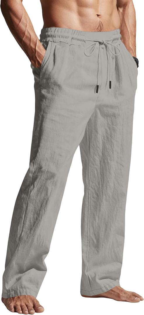 Men's Casual Linen Pants Elastic Waist Drawstring Summer Beach Lightweight Trouser with Pockets (3X-Large, Grey)