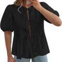 KIRUNDO Peplum Tops for Women 2026 Summer Eyelet Tie Front Blouses Casual Short Lantern Sleeve Cute Y2K Lace Babydoll Shirts (Black, S)