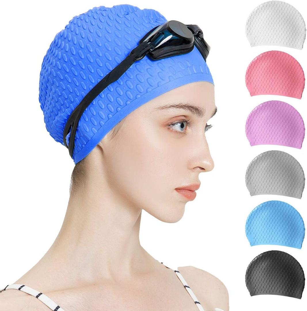 Tripsky Silicone Swim Cap, Comfortable Bathing Cap Ideal for Curly Short Medium Long Hair, Swimming Cap for Women and Men, Shower Caps Keep Hairstyle Unchanged (Dark Blue)