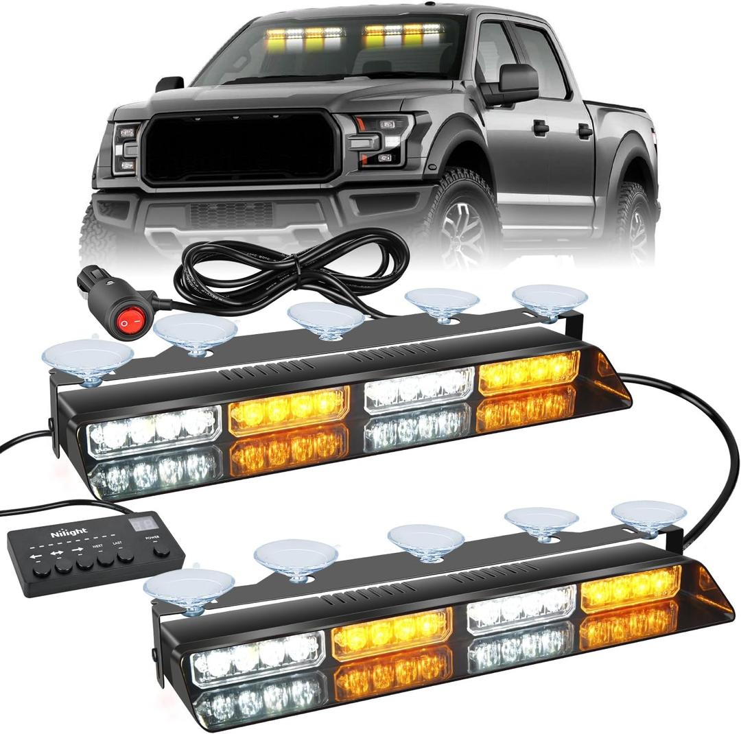 Nilight 32LED Amber White Emergency Dash Strobe Lights with Controller Suction Cups Warning Hazard Interior Front/Rear Windshield Deck Split Light Bar for Truck Construction Vehicle