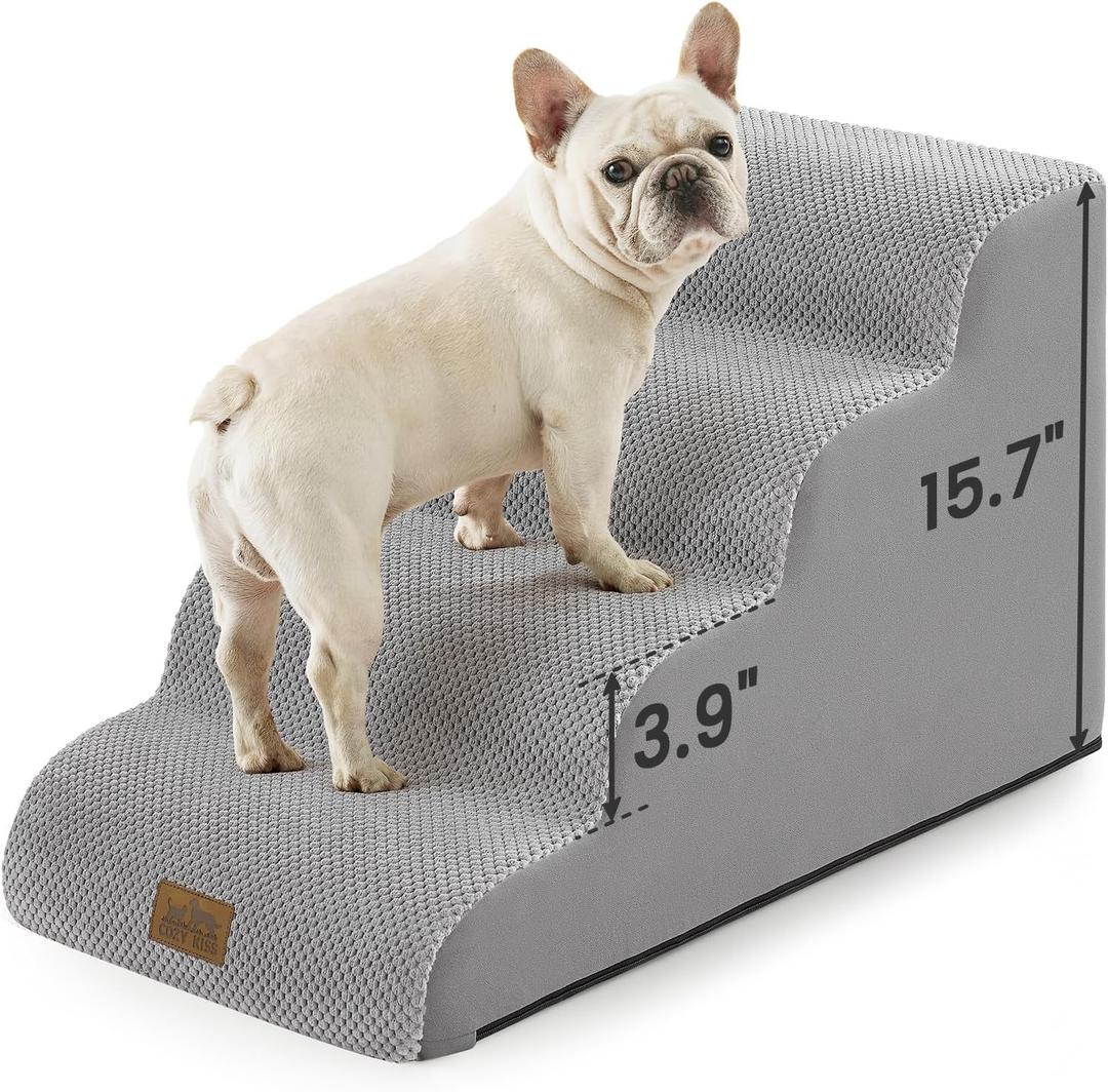 COZY KISS Dog Stairs for Small Dogs 15.7" H, 4-Step Sturdy Foam Dog Steps for Couch and Bed, Curved Pet Stairs for Puppy and Older Cat, Doggie Ladder with Washable Cover, 15.7x28.3x15.7 inch, Gray