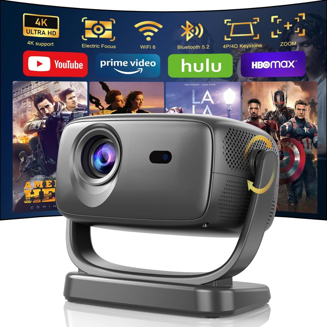 4K Smart Projector with 5G WiFi and Bluetooth 5.2, 600 ANSI Portable Projector with Built in App, 1080P Outdoor Movie Projector with 4P4D Correction, Max 220" Compatible with iPhone/Android/TV Stick