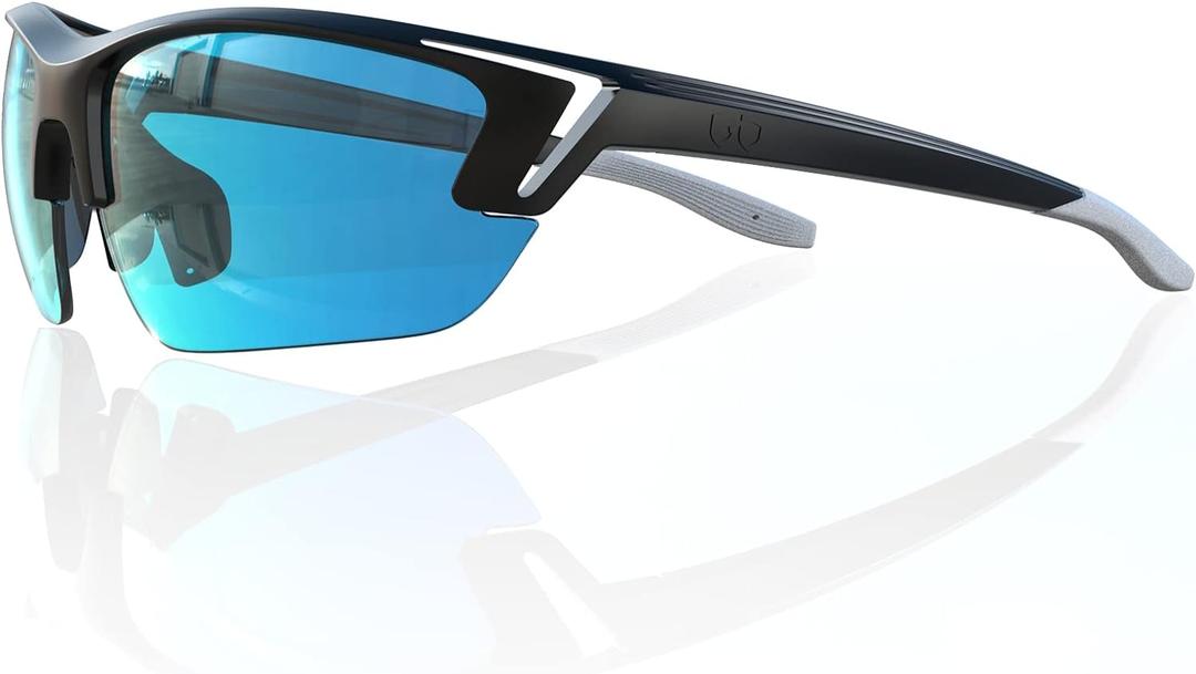 Bloomoak Sport Golf Sunglasses,Wrap UV400 Protection/Vented Frame Prevent Fogging/Superior Visual Clarity to Find Ball (Blue - 12% Light Transmission)