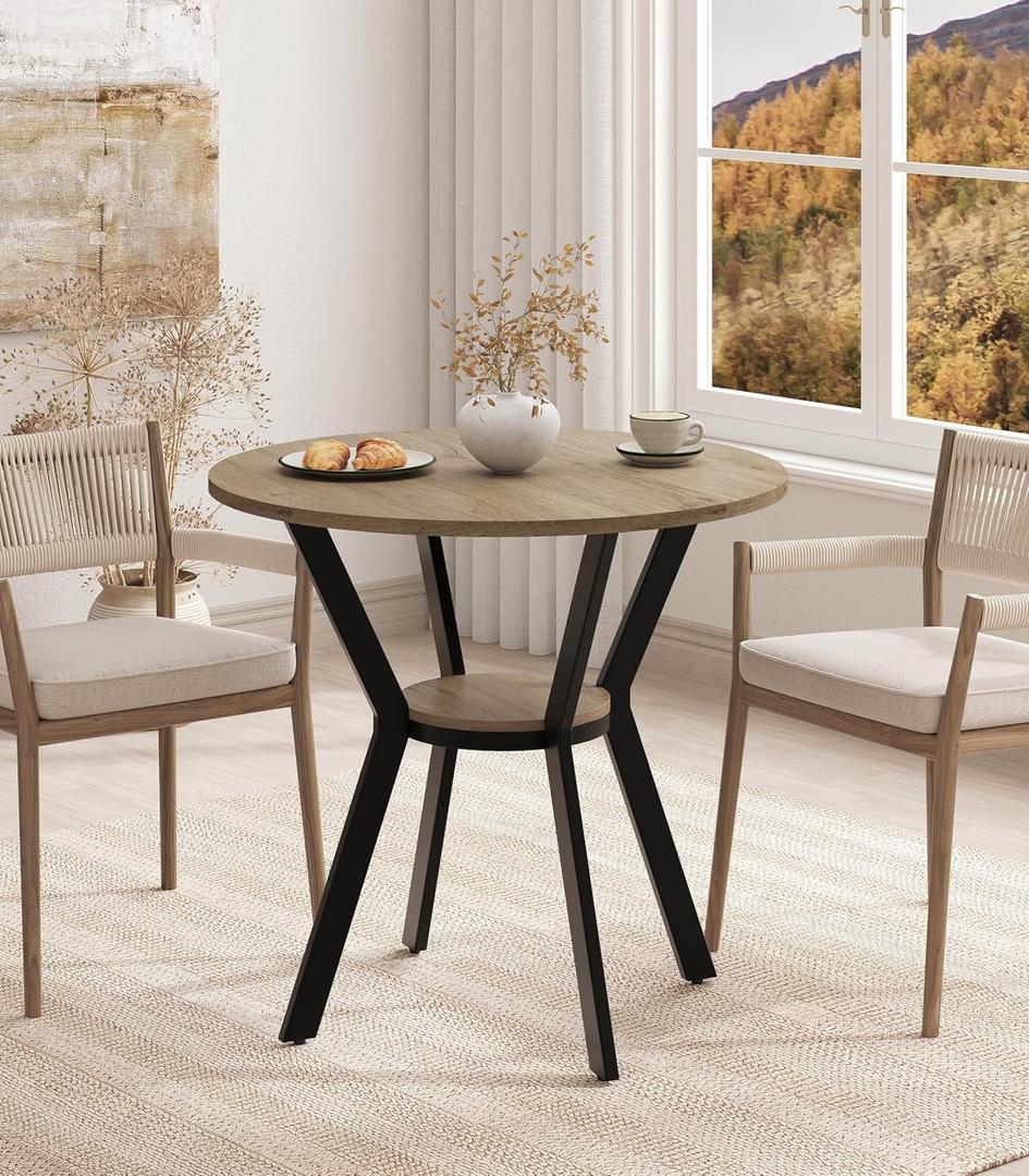 MECHYIN Round Dining Table, 31.5" Small Kitchen Table with Storage, Space Saving Dining Table, Rustic Wood Table with Metal Legs for Apartment, Dining Room & Kitchen Nook