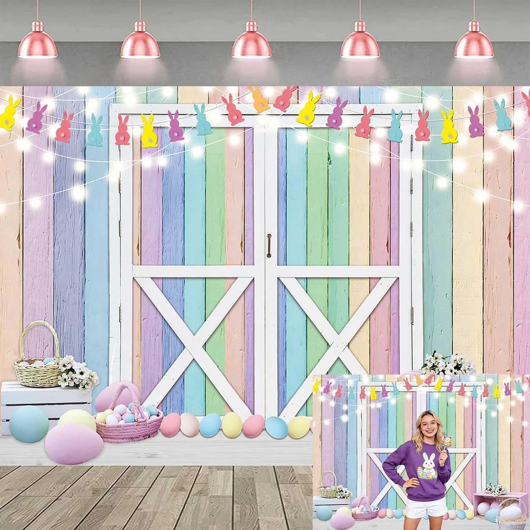 XCKALI Spring Easter Backdrop Colorful Wood Pastel Easter Eggs Flowers Photography Background Party Decoration (8x6ft)