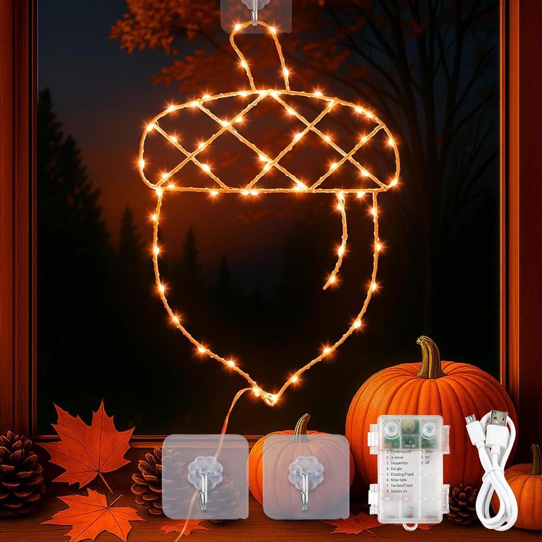 YOUNGAR Thanksgiving Window Lights,58Led Battery/USB Operated Pinecone for Fall Decor, 8Modes Timer for Home Indoor, Autumn, Glass Wall,Porch,Outdoor Decor (Orange)