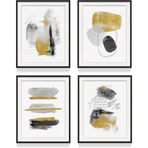 Abstract Brush Stroke Wall Art: Bedroom Living Room Framed Modern Geometric Shape Painting Print 4 Piece Minimalist Watercolor Gold Foil Picture Contemporary Artwork Decor for Home (16"x20"x4 Pcs, No.1)