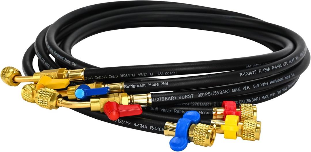 Upgraded 1/4" A2L Refrigerant Hose,72", Compact Ball Valve Refrigerant Hose Kit with Color-Coded Wrench, A2L HVAC Hose for R-1234YF, R-134A, R-410A, 1/4" x 1/4" Flare Fittings (Pack of 3)