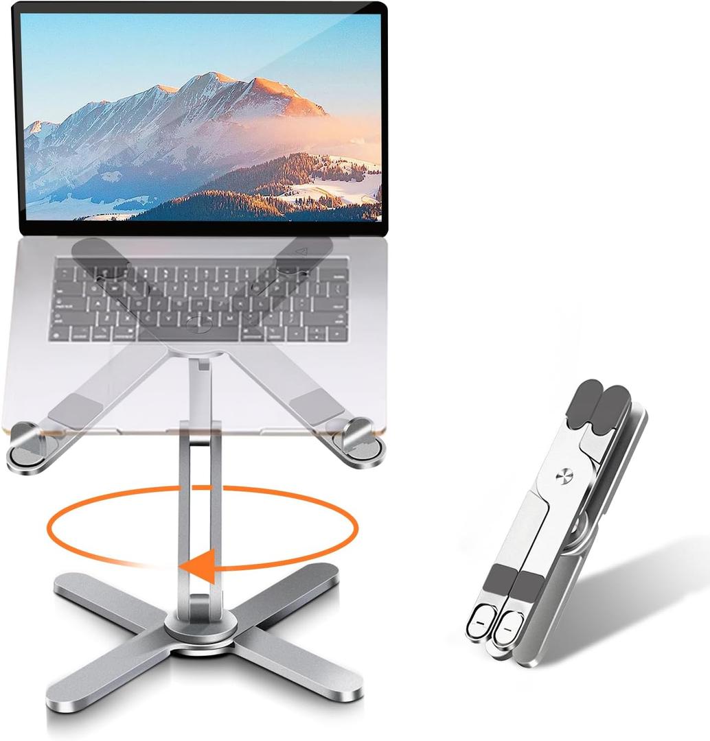 Laptop Stand with 360 Rotating Base, Computer Notebook Laptop Riser Metal Holder for Desk Collaborative Work, Fully Foldable for Easy Storage, Fits All MacBook, Laptops up to 16 inches (Silver)