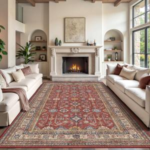 Rugland 8x10 Area Rugs - Stain Resistant Washable Area Rug, Anti Slip Backing Rugs for Living Room, Bedroom Vintage Tribal Area Rugs (8x10, Burgundy)