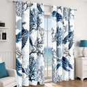 Nautical Coastal Curtains Decorative Beach Ocean Sea Turtle Coral 50% Light Blocking Sea Darkening Grommet Curtain For Villa Living Room, Bedroom Navy Blue and White 2 Panels Set, 52x63 Inches