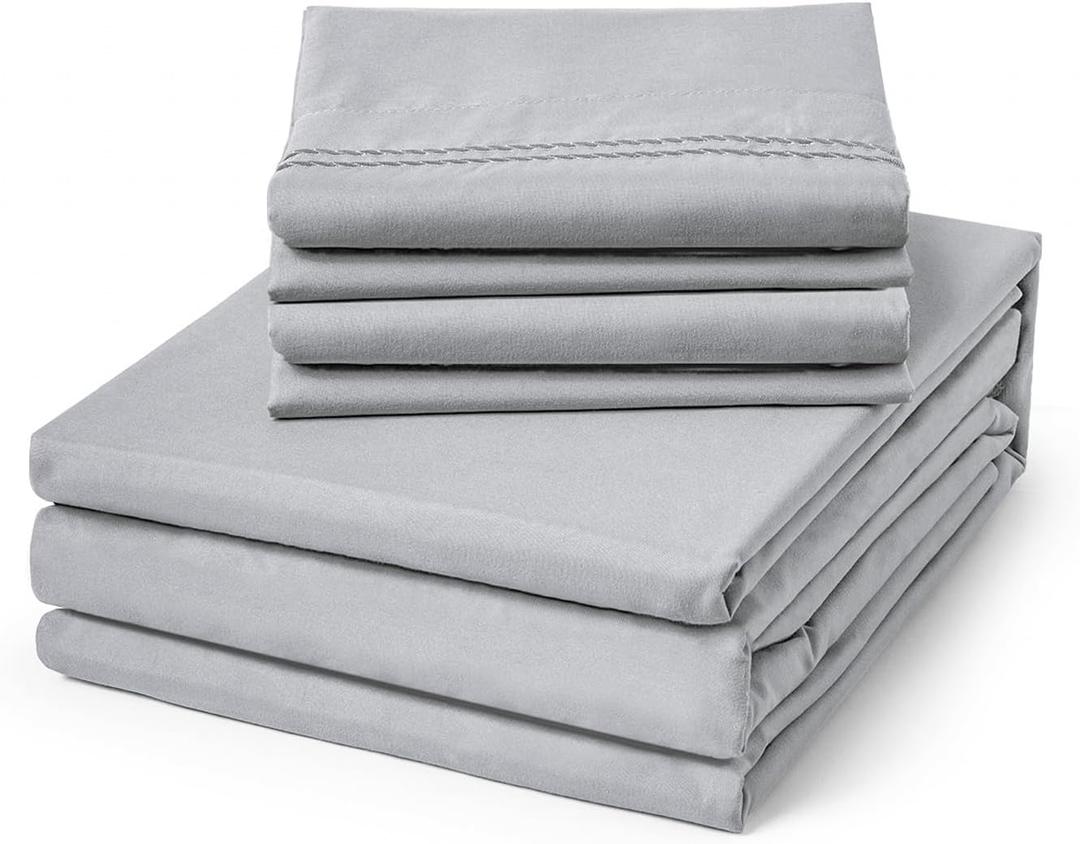 ClevaHome Queen Size Sheets - 6 Piece Soft Breathable Luxury Bed Sheet Set - Shrinkage & Fade Resistant Embroidered Bedding Sheet with 14-inch Deep Pocket, 2 Extra Pillowcases (Queen, Misty Grey)