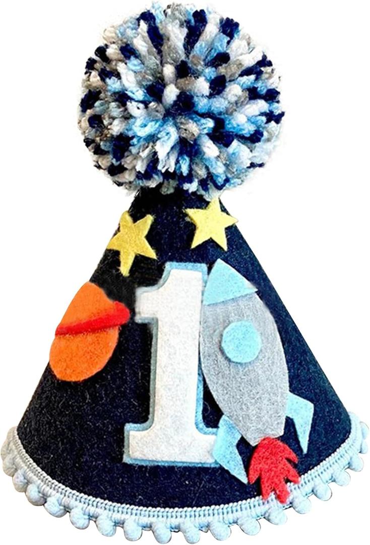 Outer Space First Birthday Hat Boy, Space Theme Party Decorations, Baby 1st Birthday Cone Hat with Rocket Design, One Year Old Party Crown for Cake Smash and Photo Props