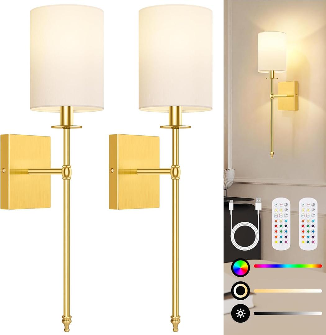 24.8 Inch Wall Sconces Battery Operated Set of 2, Rechargeable Wireless Wall Sconces Lights with Remote, Not Hardwired Dimmable Gold Wall Lamps with White Fabric Shade for Bedroom, 2 Bulbs Included