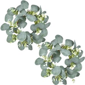 LSKYTOP 2 Pcs Eucalyptus Faux Kitchen Cabinet Artificial Greenery Farmhouse Wreath for Door Wall Window Decor, 9Inch/PC