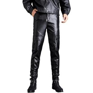 Multi Pockets Motorcycle Biker Stretchy PU Faux Leather Cargo Pants Workwear Trousers Black XL