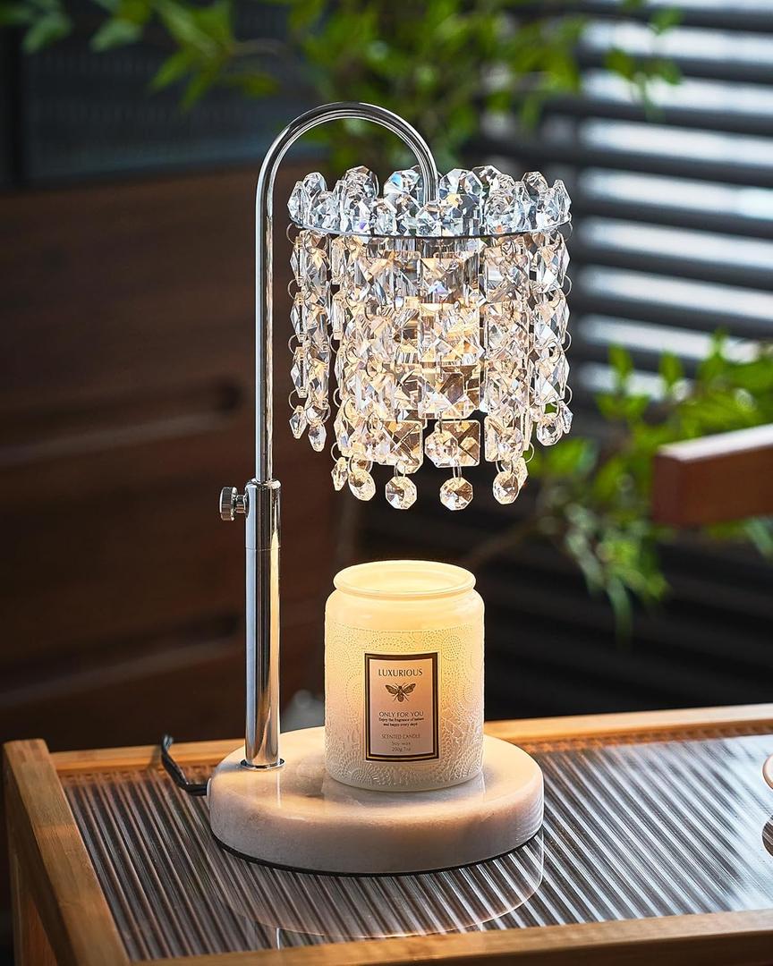 Candle Warmer Lamp with Timer Dimmer Adjustable Height Candle Warmer with Marble Base for Jar Candles, Crystal Candle Lamp with 3 Bulbs for New Home Decor, Women Mom Christmas Birthday Gifts, Silver
