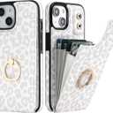 HAOPINSH for iPhone 13/ iPhone 14 Wallet Case with Card Holder, 360Rotation Ring Kickstand, White Leopard Cheetah Pattern, RFID Blocking Leather for Girls Women, Double Buttons Flip 6.1"