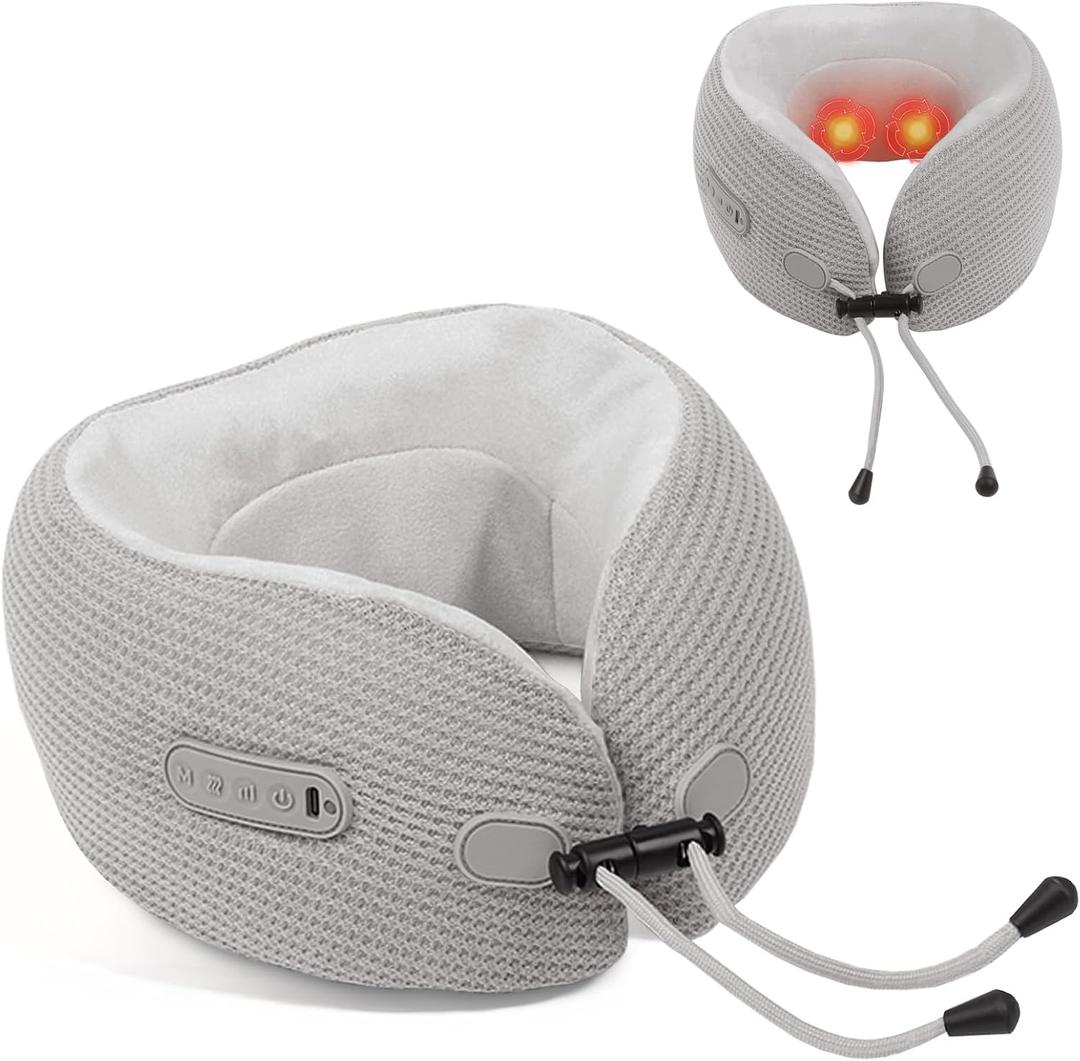 Electric Neck Massager,Portable Travel Pillow with Massage and Heat,Rechargeable Vibrating Neck Pillow Massager,Perfect for Pain Relief at Home, Office,Travel (Grey)