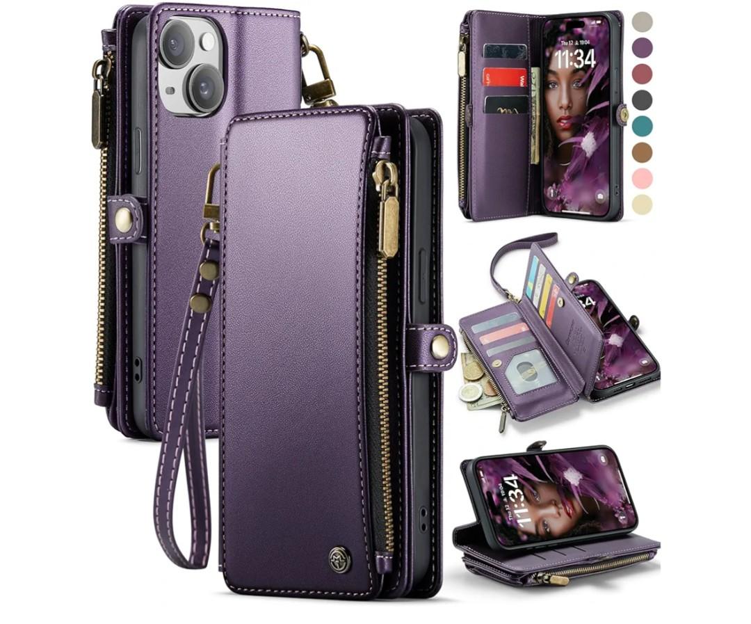Defencase Compatible with iPhone 14 Plus Case Wallet with RFID Blocking Card Holder for Women Men, Soft PU Leather Magnetic Snap Flip Zipper Strap Wallet Phone Case Fit for iPhone 14 Plus 6.7", Purple