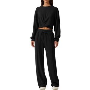 QINSEN Women 2 Piece Outfits Sweatsuit Set Twist Front Cropped Sweatshirt Wide Leg Sweatpant Lounge Set Tracksuit (Small, Black)