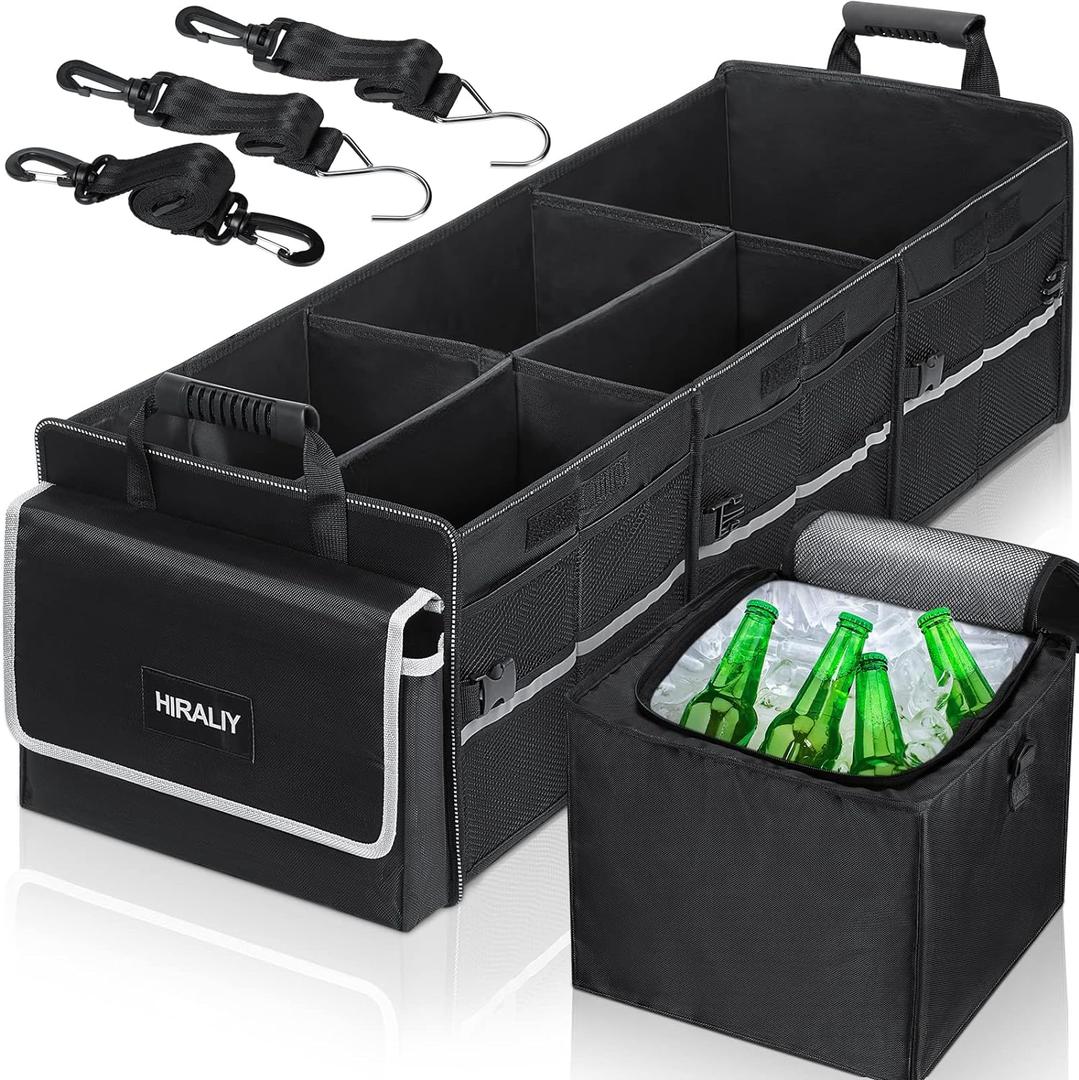 HIRALIY 4 in 1 Car Trunk Storage Organizer, Multi Compartment Collapsible Trunk Storage Box with Leakproof Insulated Bag for Car Truck SUV (Black)