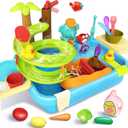 4-in-1 Kitchen Sink Toy with Upgraded Water Slide Track, Magnetic Fishing Game Floating Toys for Water Play, Pretend Play Dishwasher for Kids Toddlers 1-3 3-8 (Blue)