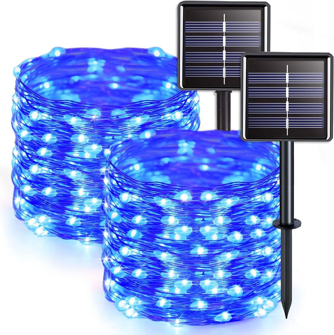 JMEXSUSS 2 Pack Blue Solar String Lights Outdoor Waterproof, Each 33ft 100 LED Solar Fairy Lights, 8 Modes Copper Wire Mini Christmas Light for Outside Patio Garden Tree Christmas Decorations