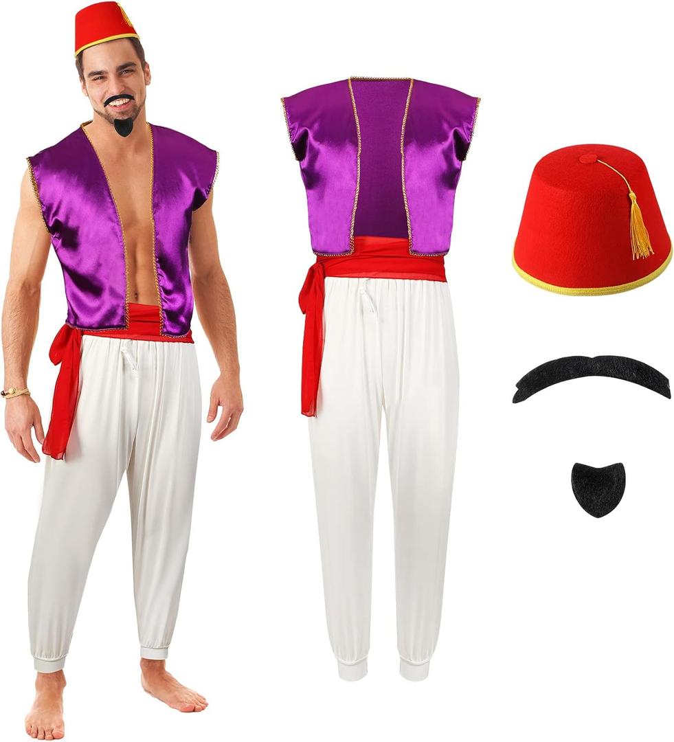 Zhanmai Men's Arabian Prince Costume Set Purple Vest Harem Pants Red Fez Felt Hat Sash Beard for Cosplay Party(XX-Large)