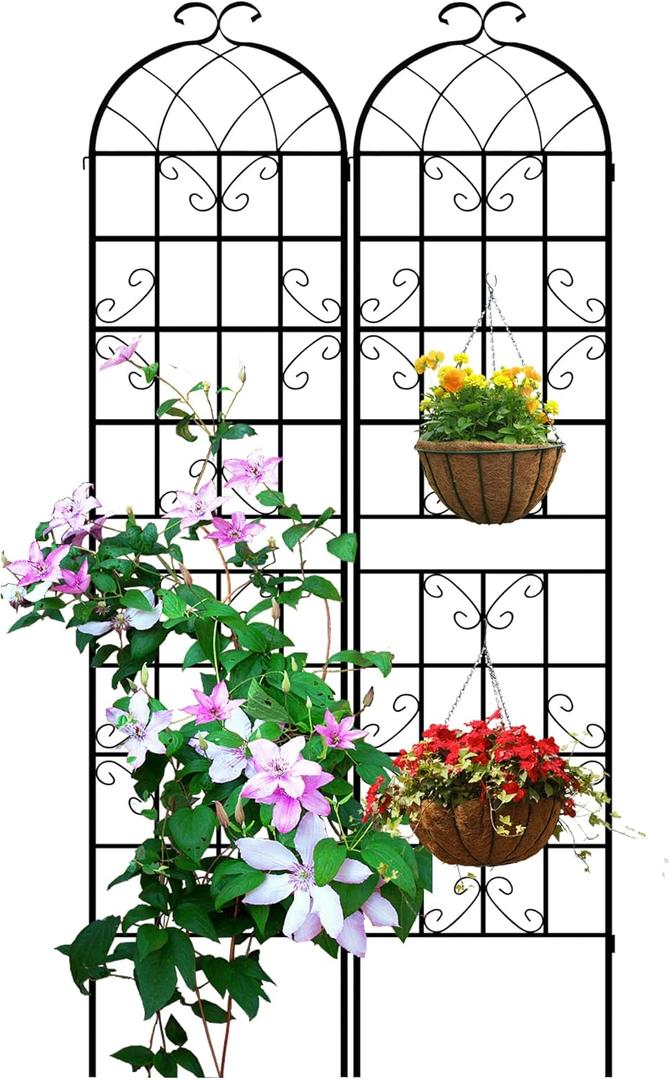 LZRS 2 Pack 87x20in Rustic Iron Arch Decoration Garden Trellis with Black Metal Coating  Perfect for Supporting Climbing Plants Outdoor, Roses, Vines, Flowers, and Vegetables. (0048-H87")