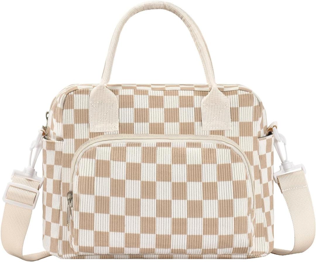 Lunch Bag Women Lunch Box for Women Adult Cute Insulated Lunch Bag Lager Cooler Lunch Tote Bags for Work Picnic (Beige-Brown Plaid)