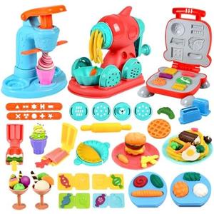 Crelloci 3 in 1 Color Dough Kitchen Creations Set, Ice Cream Noodle Hamburger Maker Machine, Art Crafts Food Modeling Play Toys, Deluxe Tools Kit for Boys Girls Kids Toddlers Ages 3+ (12 Colors Dough)