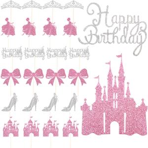 Wootkey 26Pcs Castle Princess Cake Topper Silver Pink Glitter Princess Cupcake Toppers High Heel Bow Crown Princess Cake Decorations for Princess Birthday Valentine's Day New Year Party Supplies