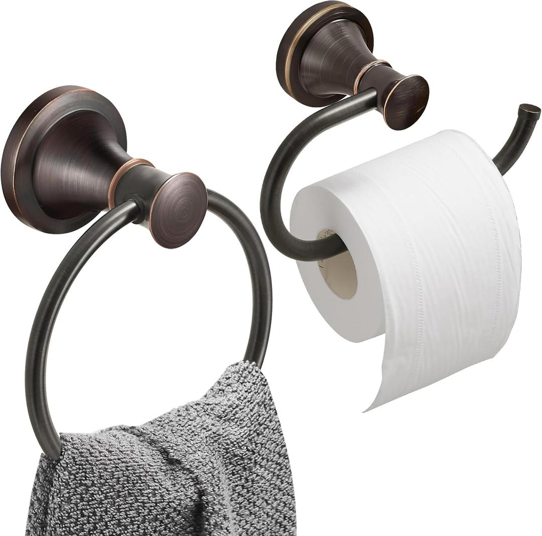 Hoimpro Oil Rubbed Bronze Towel Ring Toilet Paper Holder, Double Bathroom Hardware Set Fixtures Toilet Roll Tissue Holder, Hand Towel Bar Towel Rack Rv Accessories, Sus304 Stainless Steel, Wall Mount
