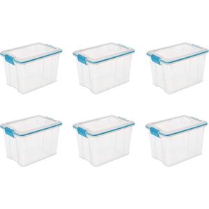 Sterilite 20 Qt Gasket Box, Stackable Storage Bin with Latching Lid and Tight Seal, Plastic Container to Organize Basement, Clear Base and Lid, 6-Pack