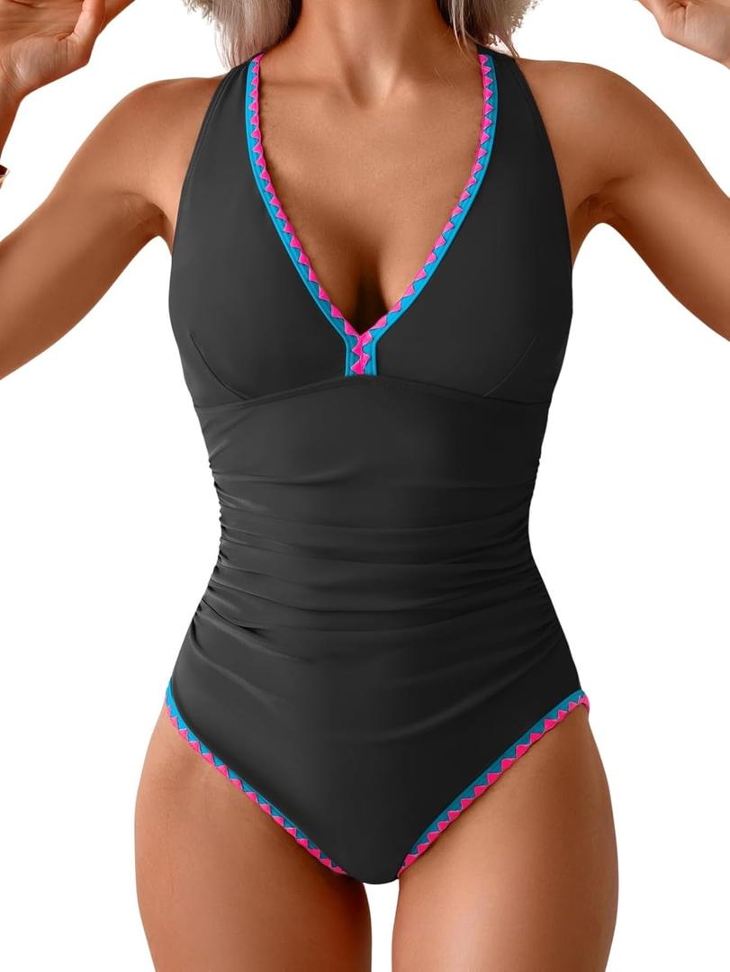 B2prity One Piece Swimsuit for Women Tummy Control Ruched Bathing Suit Push Up Tie Back Swimwear Shell Stitched (Large, Black, Blue, Pink)