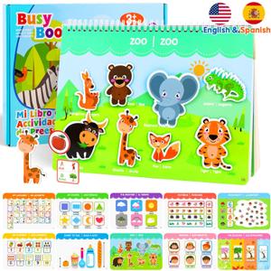 Spanish & English Bilingual Montessori Book for Toddlers 2-4 3-5, Pre-Assembled Reusable Sticker Activities Toy for Kids to Learn Spanish - Speech Therapy Travel Girls Boys Gifts - Juguetes Para Nias (White-green Packaging Gift Box)